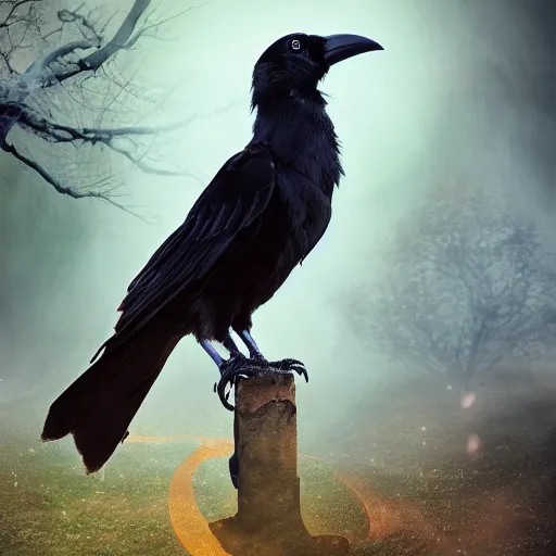 Prompt: A portrait of a crow in a wizard costume, UHD, 4K, Tyler Jacobson, fantasy, DnD, magical particles, magical, digital art