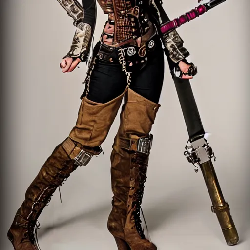 Image similar to full body photo of a skinny female steampunk warrior