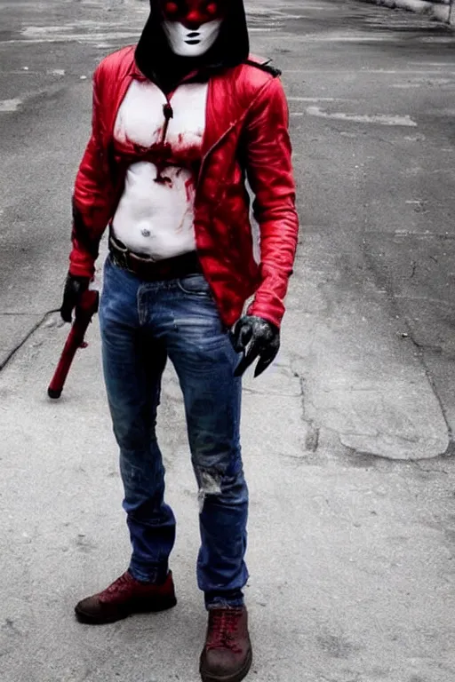 Image similar to red hood cosplay, creepy, disturbing, bloody, darkness, grainy, urban, jeans, white jacket, no eyes