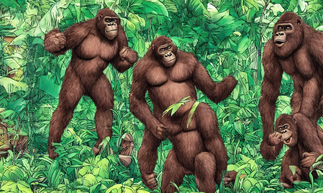 Image similar to Anthropomorphic bipedal gorilla wearing a t-shirt and shorts, in the background is lush jungle, manga