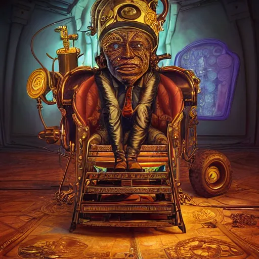 Image similar to an african scientist with an enormous!!!! head in a very decadent and ornate steampunk wheelchair, in a steampunk alchemy lab, by android jones and greg rutkowski and fernando botero in a surreal portrait style, wide angle dynamic portrait, rim lighting, neon blacklight color scheme, rendered in unreal engine 5