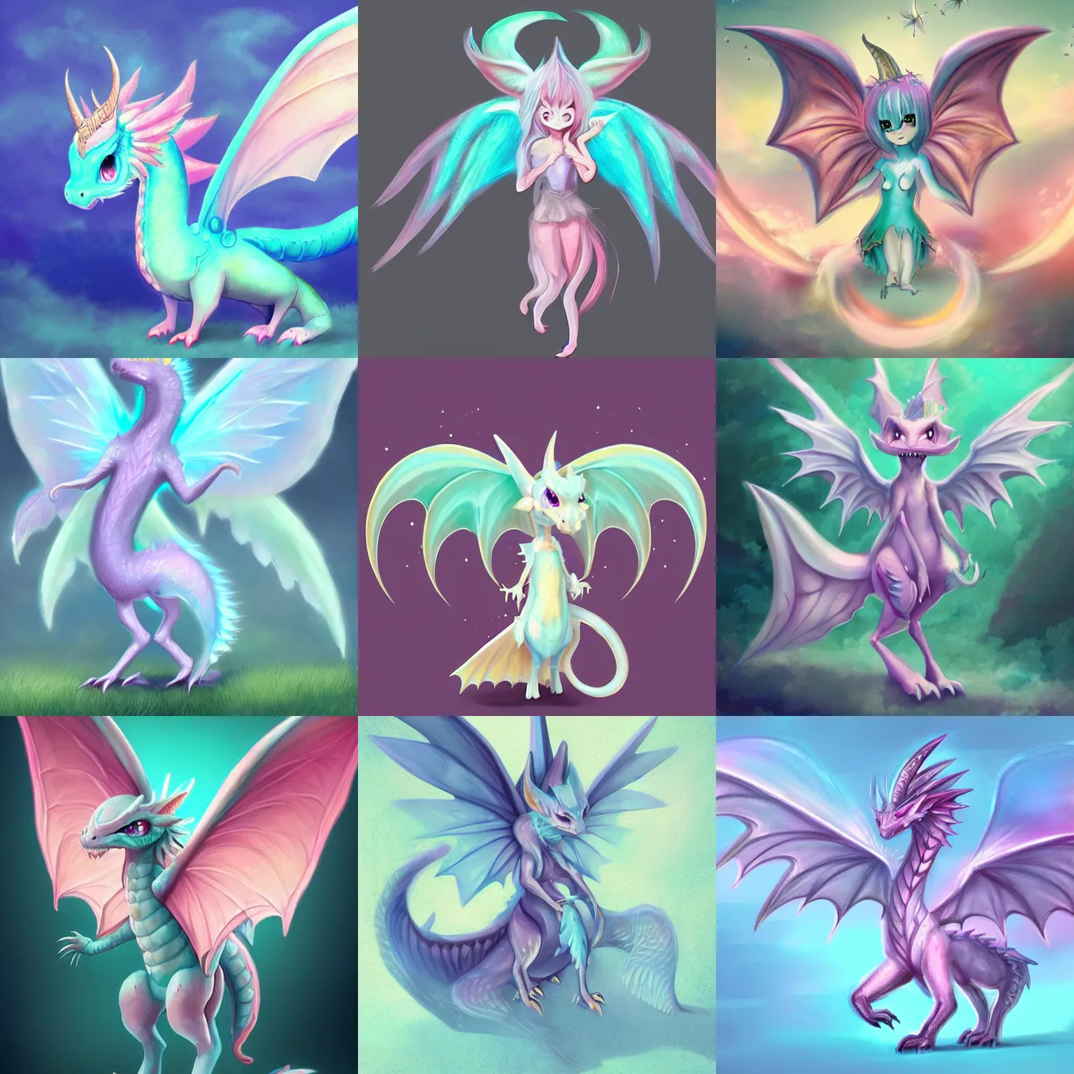 Prompt: full body digital illustration of an cute pastel fantasy dragon with fairy wings, concept art, matte background, deviantArt, artstation