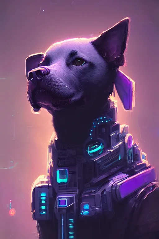 Image similar to a beautiful portrait of a cute cyberpunk dog by greg rutkowski and wlop, purple blue color scheme, high key lighting, volumetric light, digital art, highly detailed, fine detail, intricate, ornate, complex, octane render, unreal engine, photorealistic