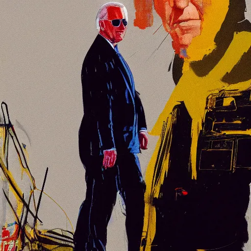 Image similar to Joe Biden full body portrait, Techwear, Cyberpunk, painting by Ralph Steadman, Francis Bacon, Hunter S Thompson