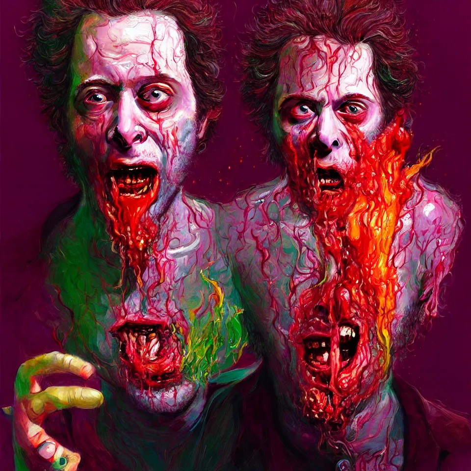 Prompt: bright psychedelic charlie kaufman eating rotten flesh, crying tears of blood and puking, diffuse lighting, fantasy, intricate, elegant, highly detailed, lifelike, photorealistic, digital painting, artstation, illustration, concept art, smooth, sharp focus, art by francis bacon