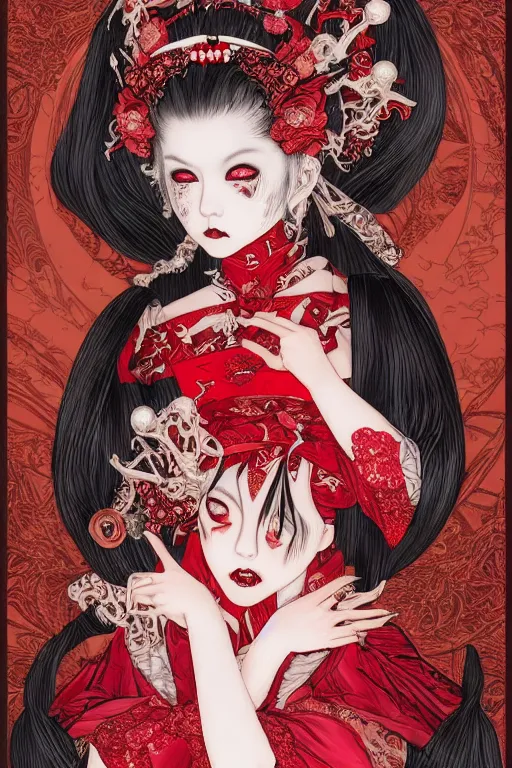 Image similar to avant - garde japanese bjd geisha vampire queen in victorian red dress in the style of dark - fantasy lolita fashion painted by yoshitaka amano, takato yamamoto, james jean, dmt art, symmetrical vogue face portrait, volumetrics, intricate detail, artstation, cgsociety, artgerm, gold skulls, rococo