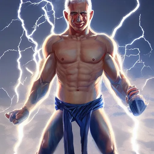 Image similar to benjamin netanyahu as the greek god of lightning, lightning bolts, highly detailed, ultra clear, by artgerm and greg rutkowski