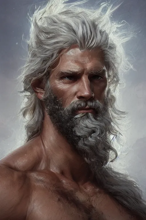 Image similar to painted portrait of rugged zeus, god of thunder, greek god, white hair, masculine, mature, handsome, upper body, muscular, hairy torso, fantasy, intricate, elegant, highly detailed, digital painting, artstation, concept art, smooth, sharp focus, illustration, art by gaston bussiere and greg rutkowski