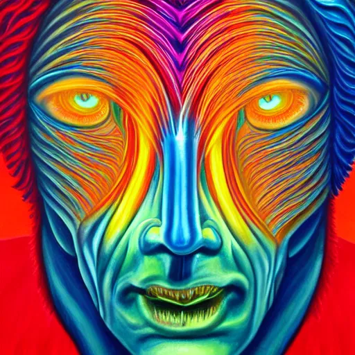 Prompt: A painting of a human in the style of Alex Grey. sharp, glowing, detailed -8