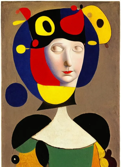 Image similar to portrait of young woman in renaissance dress and renaissance headdress, art by joan miro
