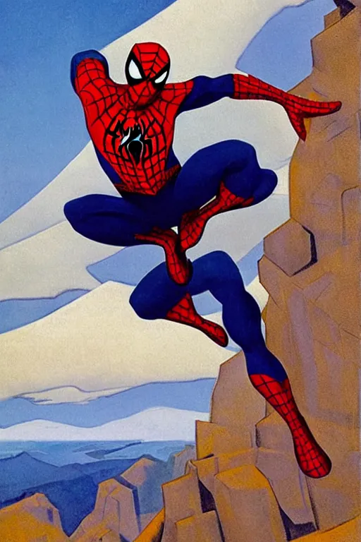 Image similar to spiderman stay on mountain, marvel, artwork by nicholas roerich,