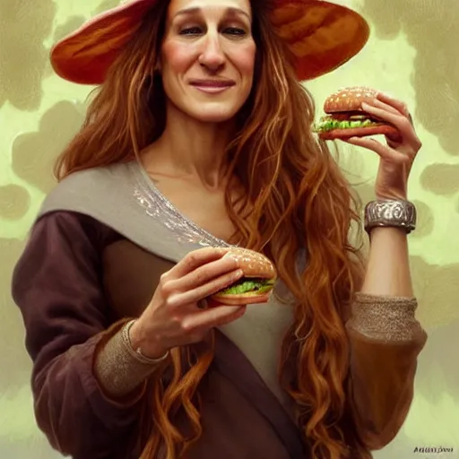 Prompt: portrait of Sarah Jessica Parker eating hamburgers, extra onions and ketchup, luscious patty with sesame seeds, feminine ethereal, handsome, D&D, fantasy, intricate, elegant, highly detailed, digital painting, artstation, concept art, matte, sharp focus, illustration, art by Artgerm and Greg Rutkowski and Alphonse Mucha