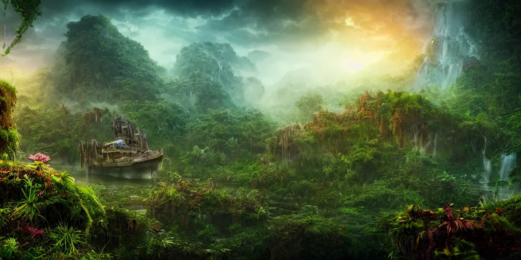 Image similar to a rusty ethereal ghost ship in a prehistoric jungle, lush flora, waterfall, mountains, dark towering clouds, flowers, vines, sunset, hazy, volumetric lighting, rtx on, washed out colors, an award winning digital render, beautiful, stunning, ultradetailed, great composition