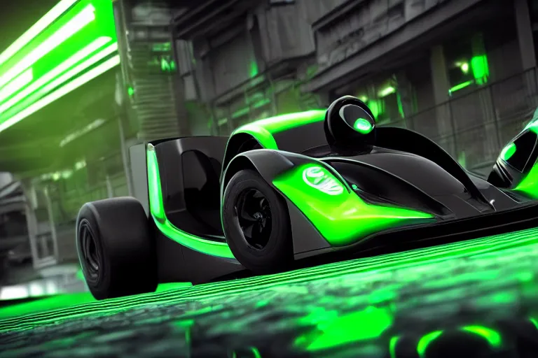 Prompt: ZeratoR futuristic black and green Trackmania racing car ((ZeratoR text))(((ZeratoR))), matte-black, green neon, ray-tracing, octane render, unreal engine, green cyberpunk city background