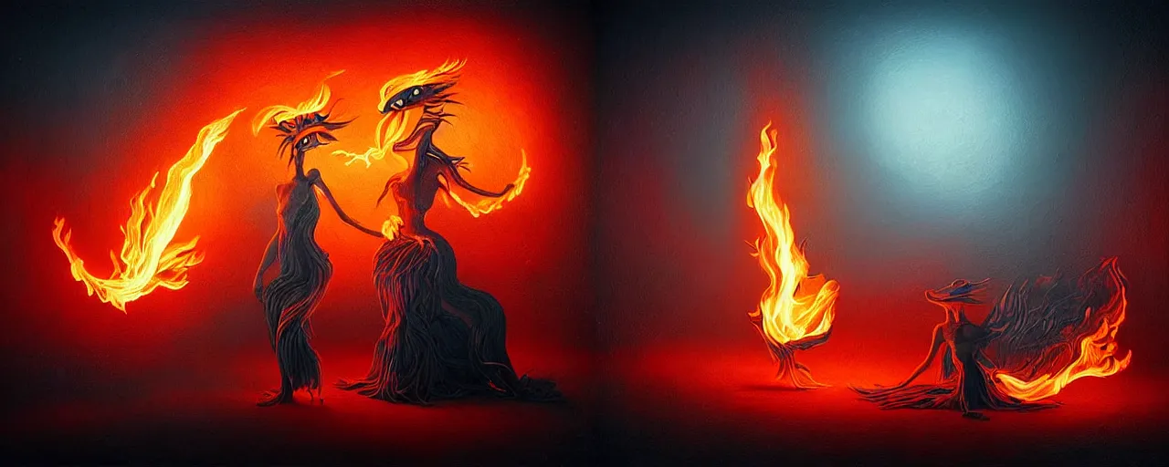 Image similar to whimsical fiery alchemical creatures, surreal dark uncanny painting by ronny khalil