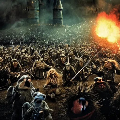 Image similar to The muppets in the battle of helms deep wide angle battle scene, highly textured, hyperrealism, explosions, award winning, gritty