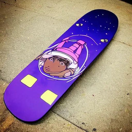 Image similar to black woman with purple dreads longboarding in space in the style of ghibli