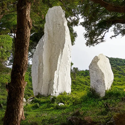 Image similar to white marble cliff in a meditereanian forest, with standing stones on top, by burdisio, alejandro