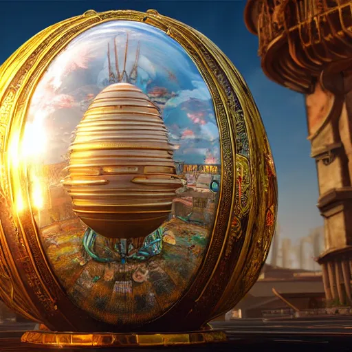 Image similar to enormous flying faberge egg containing a city, sky, steampunk, fantasy art, unreal engine,