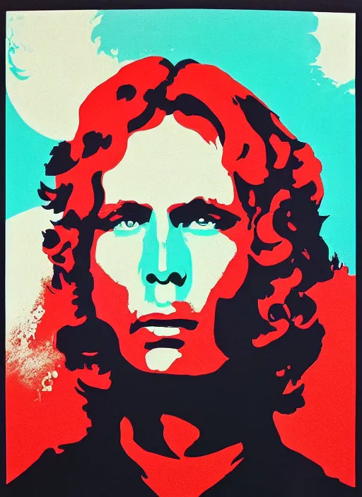 Image similar to Jim Morrison Poster, 1970's, Art Poster, screen print, Cream paper, black, red and cyan ink