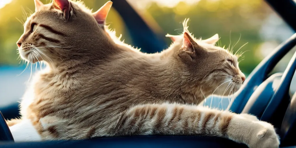 Image similar to side view of convertible, cat sitting relaxed in the driver seat with front paws on steering wheel, eyes closed, enjoying the sun, golden hour