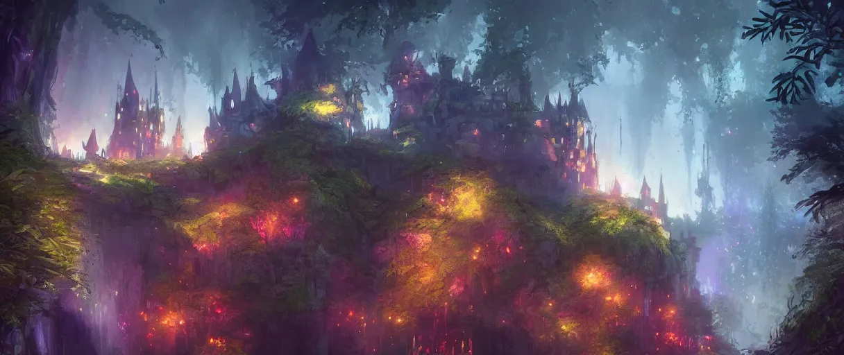 Prompt: huge castle city in the forest behind a garden, concept art, digital painting, style of jordan grimmer, warm lighting, futuristic, volumetric lighting, view from below, vivid colours, bright, daytime, godrays, high detail