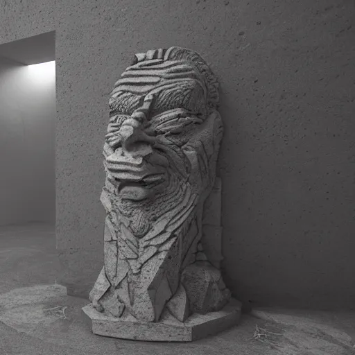 Prompt: a sculpture carved out of stone in the very elaborate shape of smoke, in a brutalist gallery space of concrete, global illumination, octane render, extreme detail, 8 k