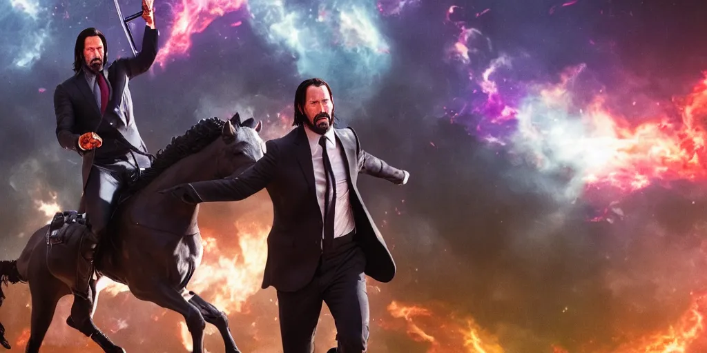 Image similar to Keanu Reaves riding a unicorn, over the shoulder shot, still from John Wick 3, shooting a weapon at a statue of Luigi, IMAX style, digital art, Movie Poster, DreamWorks 8K RED