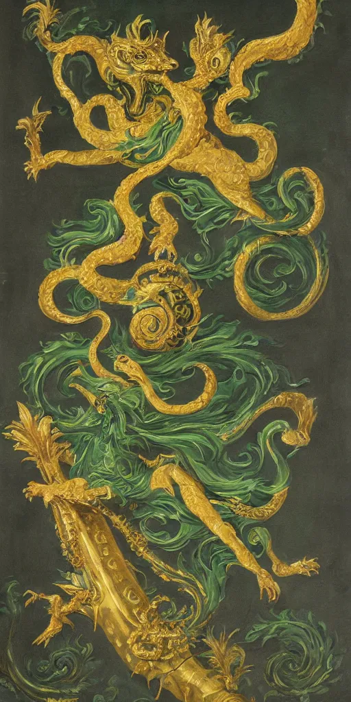 Prompt: award winning rococo painting of a mythological basilisk staring directly at the camera. The basilisk is made of binary numbers glowing green