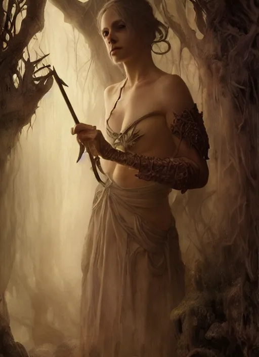 Image similar to inside covens den, diffuse lighting, fantasy epic, hdrp smoke, intricate facial detailing, highly detailed, lifelike, photorealistic, digital painting, artstation, unreal 5, concept art, smooth, sharp focus, art by john collier and albert aublet and krenz cushart and artem demura and alphonse mucha