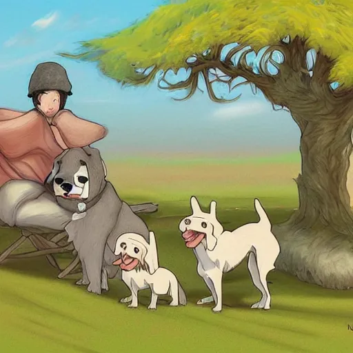 Prompt: dogs together, digital art like hayao miyazaki