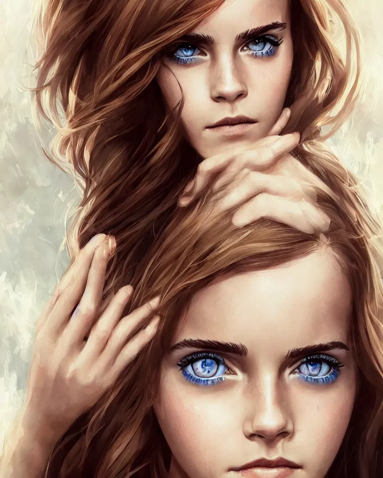 Image similar to emma watson with big eyes, beautiful eyes, blue eyes, green eyes, lovely eyes, red eyes, glowing eyes, by artgerm and greg rutkowski