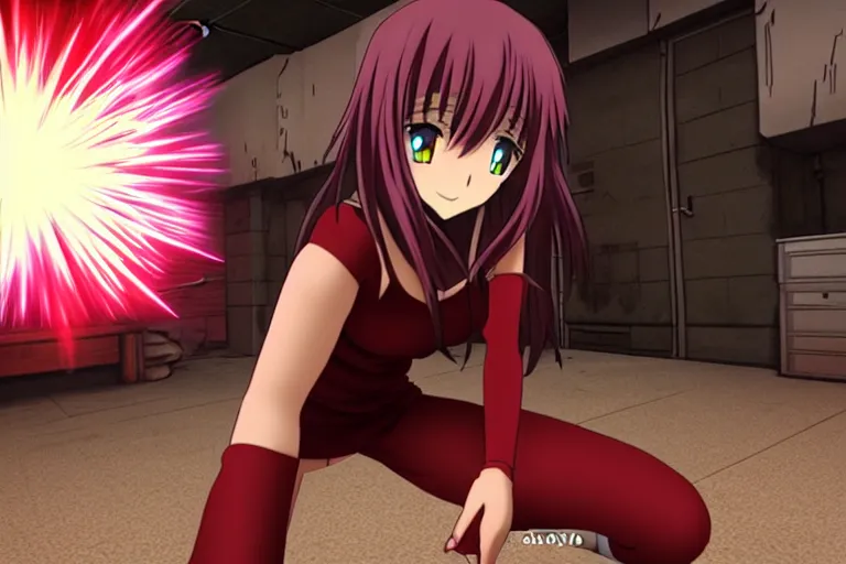 Image similar to an anime girl in a screenshot of the video game doom, the anime girl is crouching