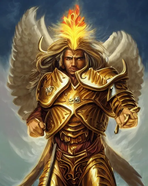 Prompt: mtg character portrait of a brawny male leonin knight african lion angel of justice, with fiery golden wings! of flame wearing shining plate armor, wielding flaming sword! and holding large glowing shield! by peter mohrbacher, greg rutkowski, larry elmore, george pemba, ernie barnes, raymond swanland, magali villeneuve, trending on artstation