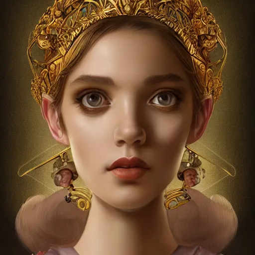 Prompt: an intelligent young goddess with a gold grown lookin at the camera, she has a beautiful unconventional face, intricate, elegant, highly detailed, digital painting, artstation, concept art, smooth, sharp focus, illustration, art by mark ryden and gaston bussiere 3 d 8 k ultra detailed