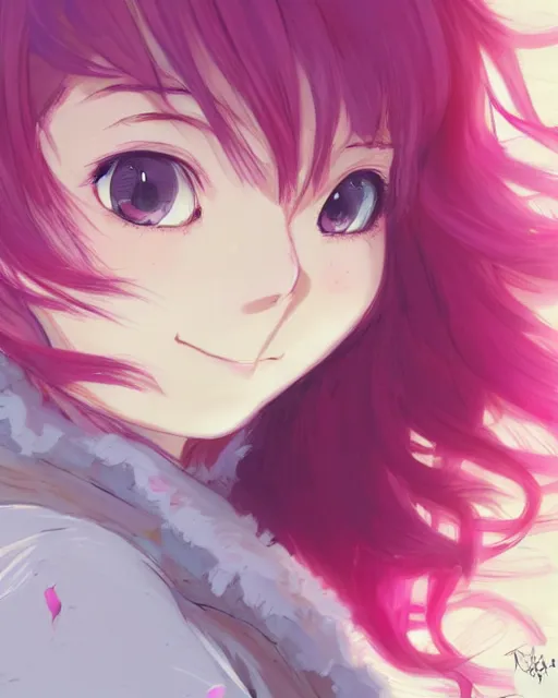 Image similar to happy teenage girl side face with pink curly pastel hair .Many single strips of hair floating in the air. Bright big eyes. Fine particles of red leaves.，cute, anime wallpaper，Sunlight on the face.by Krenz Cushart, Ian McQue, Ilya Kuvshinov, CloverWorks.vivid color.Shining highlights