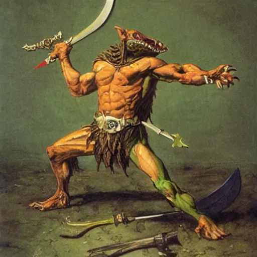 Image similar to dog - faced muscular goblin, ugly face, lizard tail, holding scimitar made of bone, scimitar, sword, jagged sword, curved sword, orkish sword, colorized, green skin, red sky, hyper - detailed, primeval fantasy, prehistoric fantasy, art by jacques - louis david