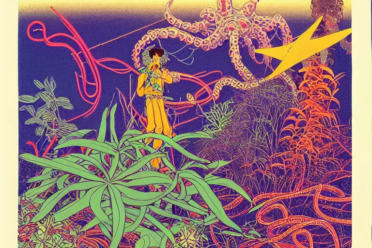 Image similar to risograph grainy drawing vintage sci - fi, satoshi kon color palette, gigantic gundam full - body covered with iridescent worms and plants 1 9 6 0, kodak, with lot tentacles and exotic flowers, natural colors, codex seraphinianus painting by moebius and satoshi kon and dirk dzimirsky