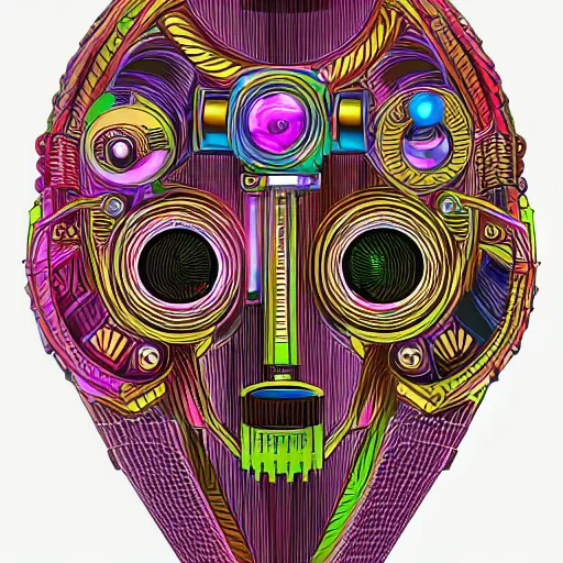 Image similar to hyperdetailed portrait of a multicolored spaced out steampunk robot head, 8 k, symetrical, halluzinogenic, meditative, vector art, black background