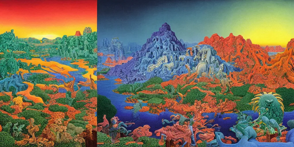 Prompt: landscape of stunning detail, intricate beautiful vibrant colors by judy chicago, charles maurice detmold, larry elmore, andreas franke, rob gonsalves, tim hildebrandt, trending masterpiece winner