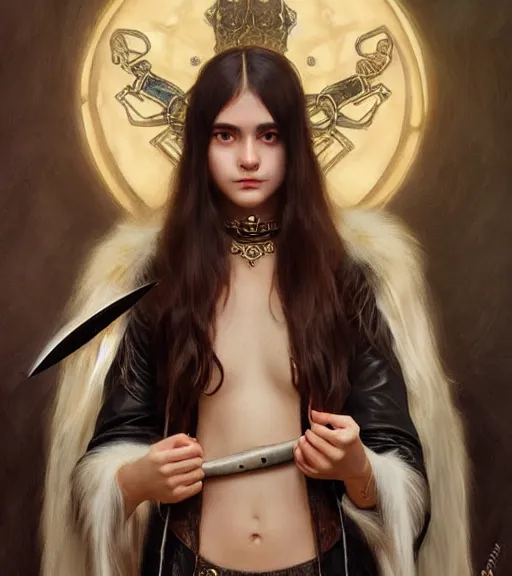 Image similar to portrait of teenage athena holding a dagger, stern expression, long ivory hair, wearing clothing of leather and fur, fringe, bone jewelry, intricate, elegant, leather jewelry, glowing lights, highly detailed, digital painting, artstation, concept art, smooth, sharp focus, illustration, art by wlop, mucha, artgerm, and greg rutkowski