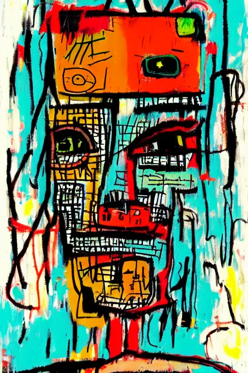 Image similar to cyborg girl in the style of jean michel basquiat