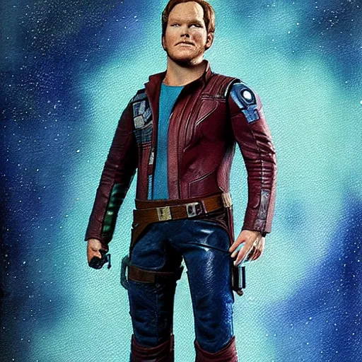 Image similar to the actor chris pratt as star lord posing with the doll chucky from the movie child's play, inside a starship, oil painting, by greg rutkowski