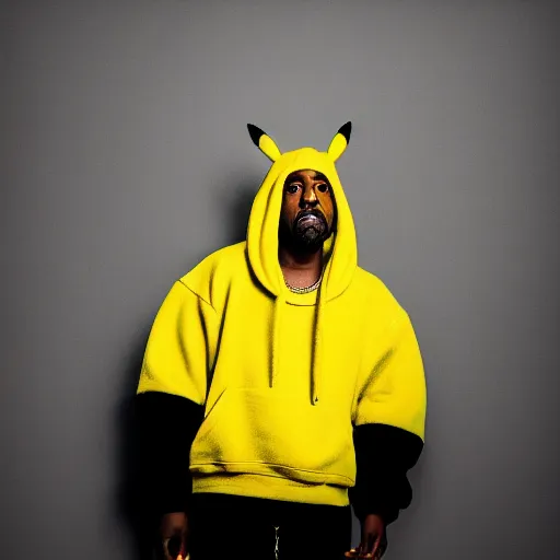 Image similar to Kanye West in a yellow pikachu! hoody, Studio Photograph, portrait C 12.0