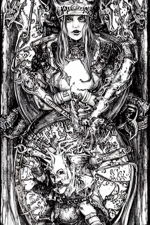 Image similar to Viking Alice in wonderland tarot card , pen and ink, intricate line drawings, by Yoshitaka Amano, Ruan Jia, Kentaro Miura, Artgerm, watercolor