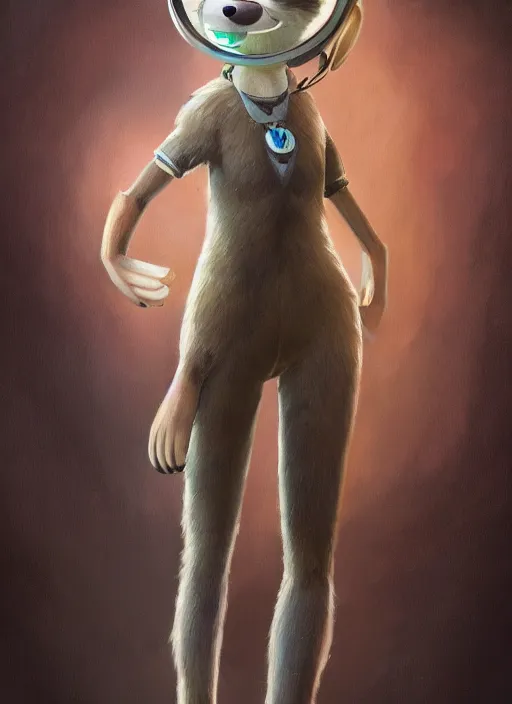 Image similar to oil painting detailed full body of anthromorphic female wolf, in style of zootopia, zootopia, zootopia, fursona, furry, furaffinity, 4 k, deviantart, furry art, fursona art, wearing astronaut outfit, in style of zootopia, wolf fursona, cyberpunk, female, expressive, detailed feminine face,