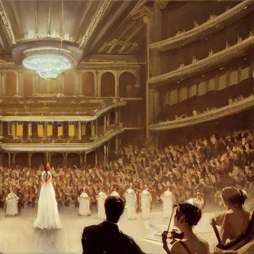 Image similar to painting by greg rutkowski, interior of an opera house with a singer in a white dress on a lighted stage with an orchestra and audience in the hall