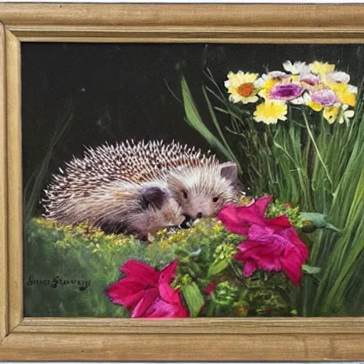 Image similar to masterpeice painting of baby hedgehogs sleeping in flowers by james gurney