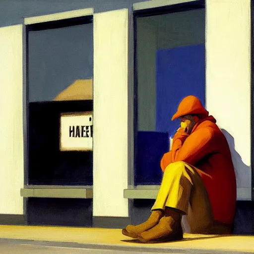 Image similar to painting of a homeless person. by edward hopper and james gilleard