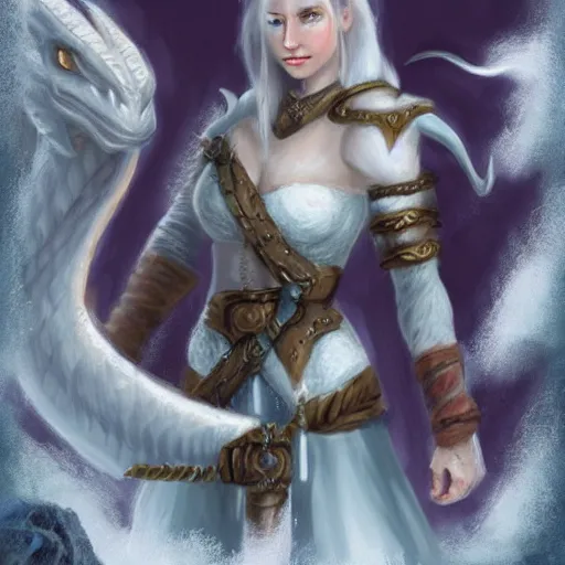 Prompt: A female white dragonborn. Tavern. Fantasy. D&D. Portrait.